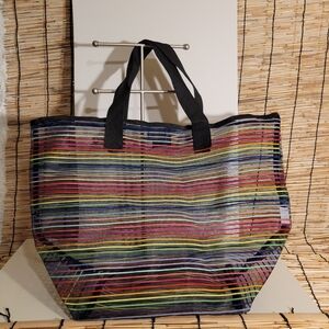 Black w/multicolor rainbow stripes Sheer Polyester Waterproof Tote